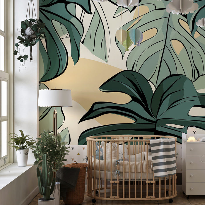 Papel pintado infantil | Hojas tropicales de monstera y ambiente relajante