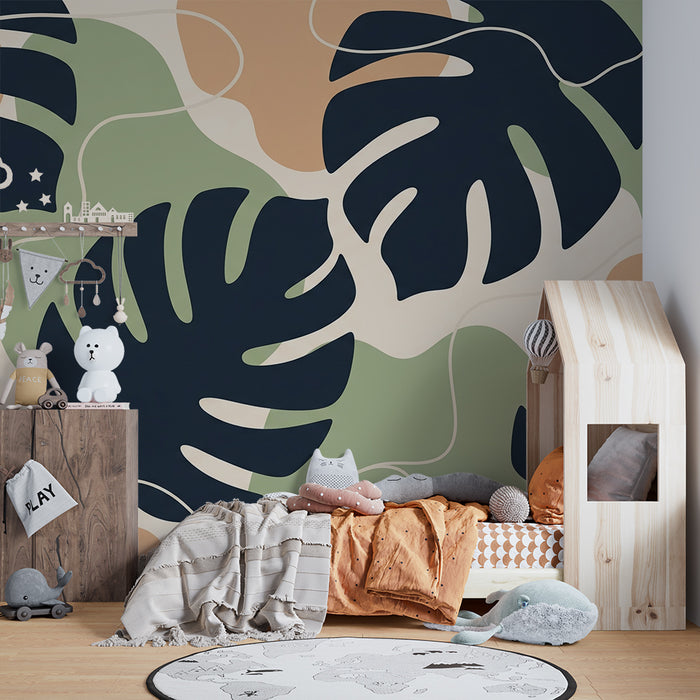 Papel de parede criança | Folhas tropicais estilizadas em fundo suave