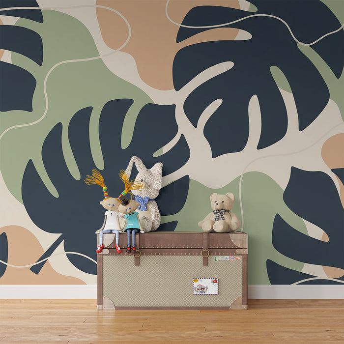 Papel de parede criança | Folhas tropicais estilizadas em fundo suave