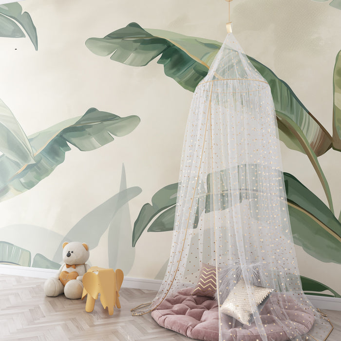 Papel pintado infantil | Hojas tropicales sobre fondo suave