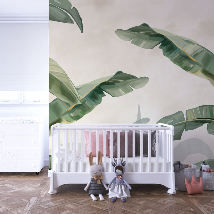 Papel pintado infantil | Hojas tropicales sobre fondo suave