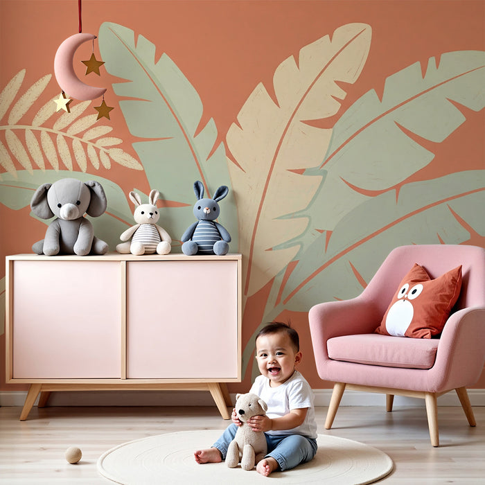 Papel de parede criança | Folhas tropicais em fundo terracota