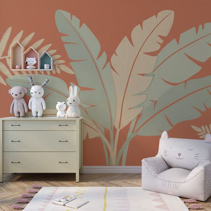 Papel de parede criança | Folhas tropicais em fundo terracota