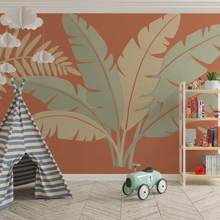 Papel de parede criança | Folhas tropicais em fundo terracota