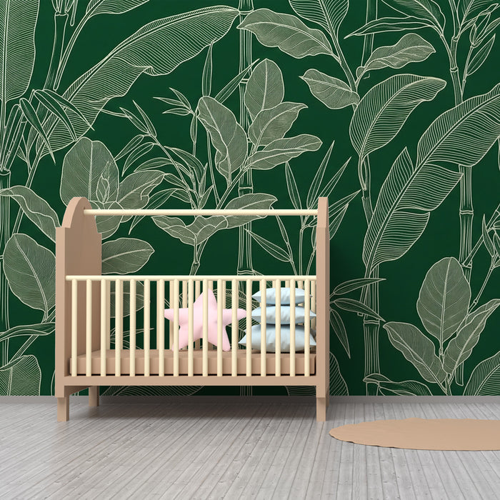 Kinderzimmer Tapete | Tropische Blätter auf grünem Hintergrund