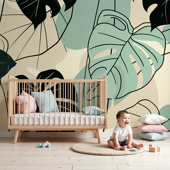 Papel pintado infantil | Hojas tropicales tricolores modernas