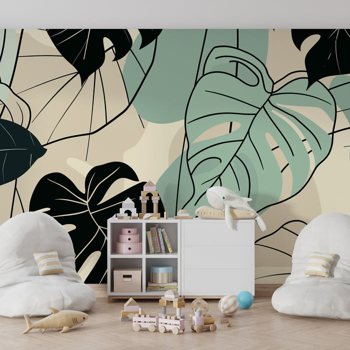 Papel pintado infantil | Hojas tropicales tricolores modernas