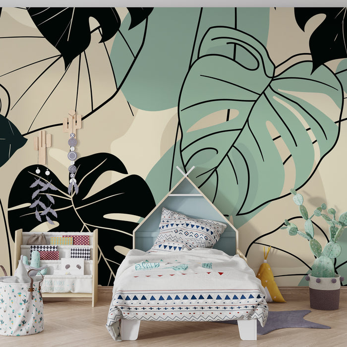 Papel pintado infantil | Hojas tropicales tricolores modernas