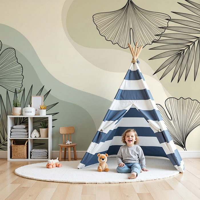 Kinderzimmer Tapete | Tropische Blätter in Salbei-Grün und Khaki