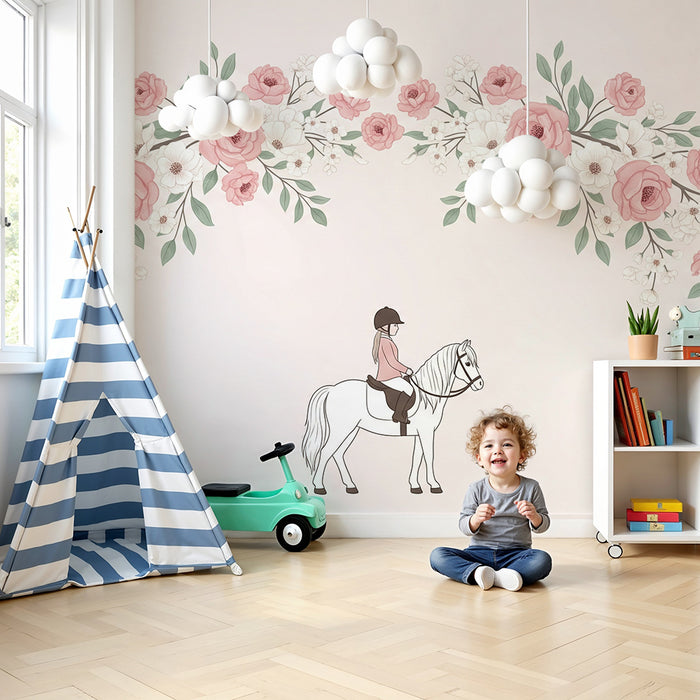 Papier peint chambre enfant | Fille à cheval entourée de fleurs roses délicates