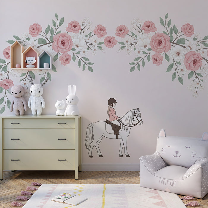 Papier peint chambre enfant | Fille à cheval entourée de fleurs roses délicates