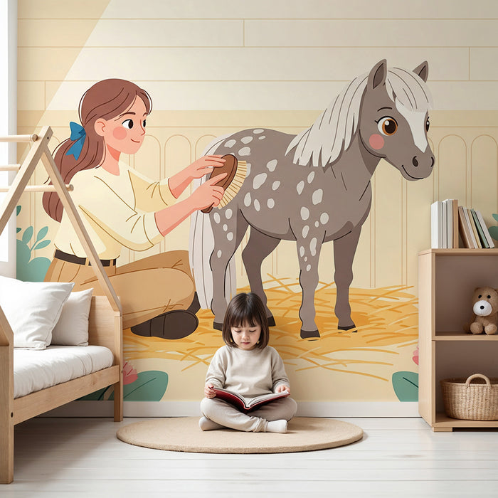 Behang kinderkamer | Meisje en pony in een betoverend bloemendecor