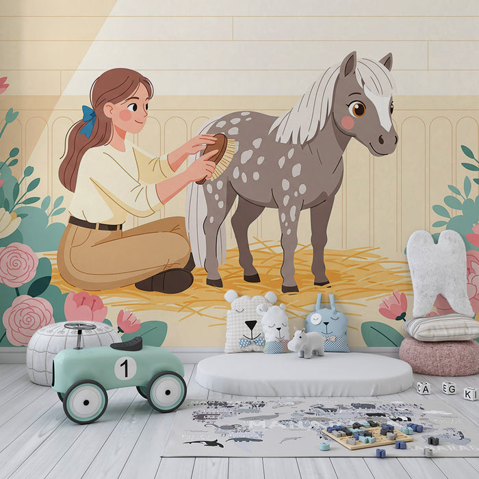 Behang kinderkamer | Meisje en pony in een betoverend bloemendecor
