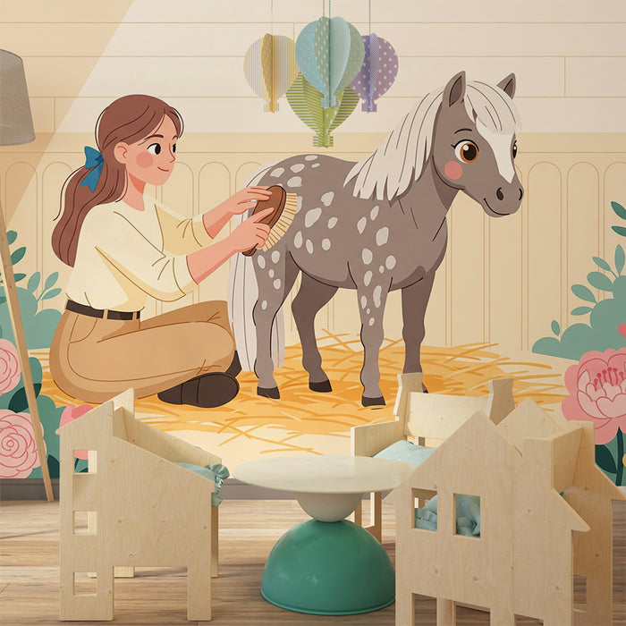 Behang kinderkamer | Meisje en pony in een betoverend bloemendecor