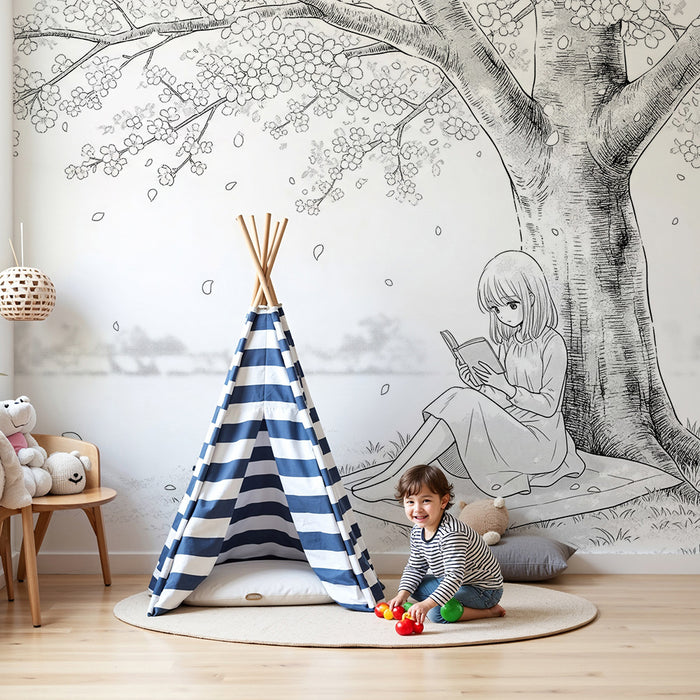 Tapete Kinderzimmer | Mädchen liest unter einem blühenden Kirschbaum