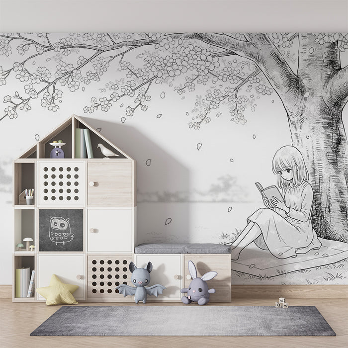 Tapete Kinderzimmer | Mädchen liest unter einem blühenden Kirschbaum
