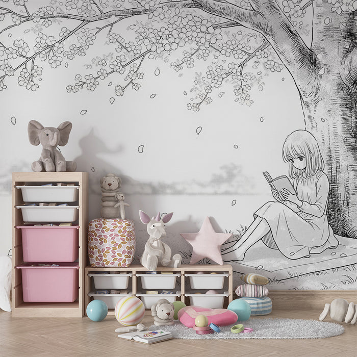 Tapete Kinderzimmer | Mädchen liest unter einem blühenden Kirschbaum