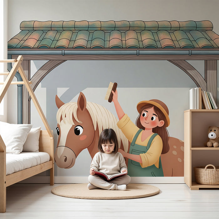 Papel pintado infantil | Niña cuidando un caballo bajo un cobertizo