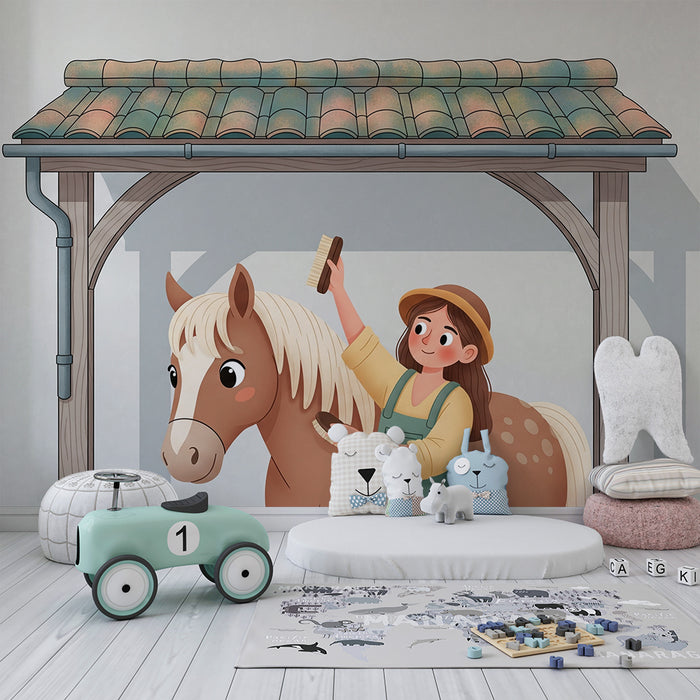 Papel pintado infantil | Niña cuidando un caballo bajo un cobertizo