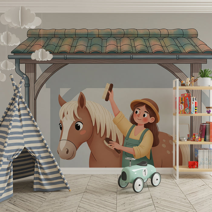Papel pintado infantil | Niña cuidando un caballo bajo un cobertizo