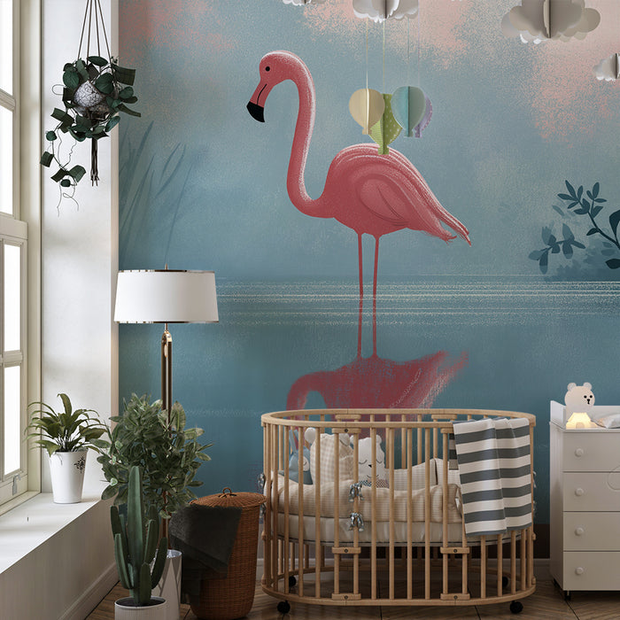 Kinderzimmer Tapete | Rosa Flamingo am Rande eines ruhigen Teichs