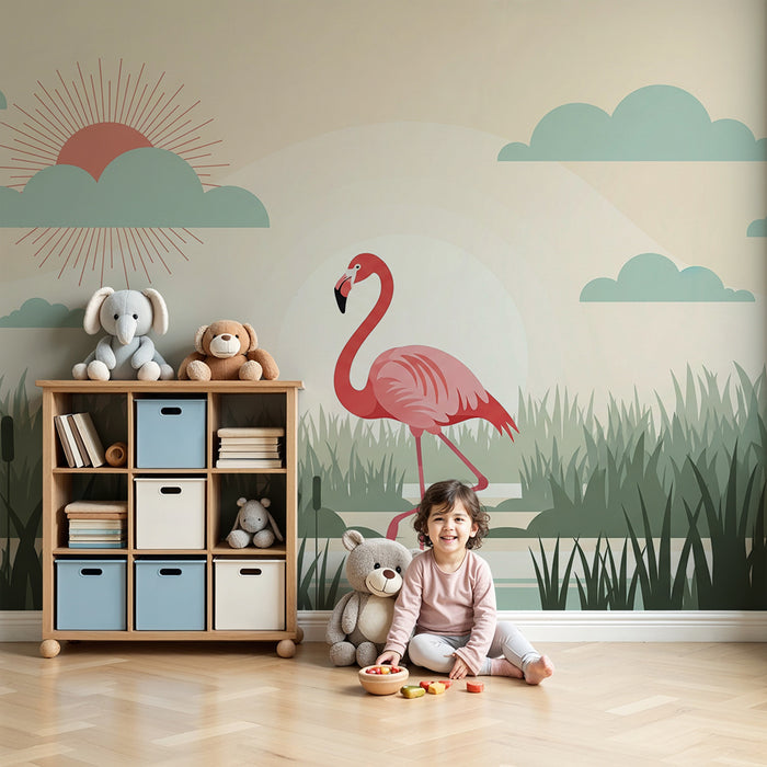 Children's bedroom wallpaper | Pink flamingo by the water under a pastel sky