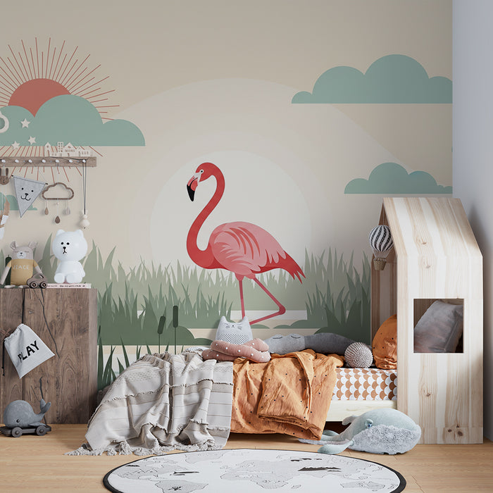Children's bedroom wallpaper | Pink flamingo by the water under a pastel sky