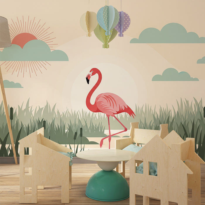 Children's bedroom wallpaper | Pink flamingo by the water under a pastel sky