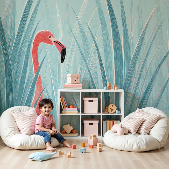 Papel de parede criança | Flamingo no meio das ervas