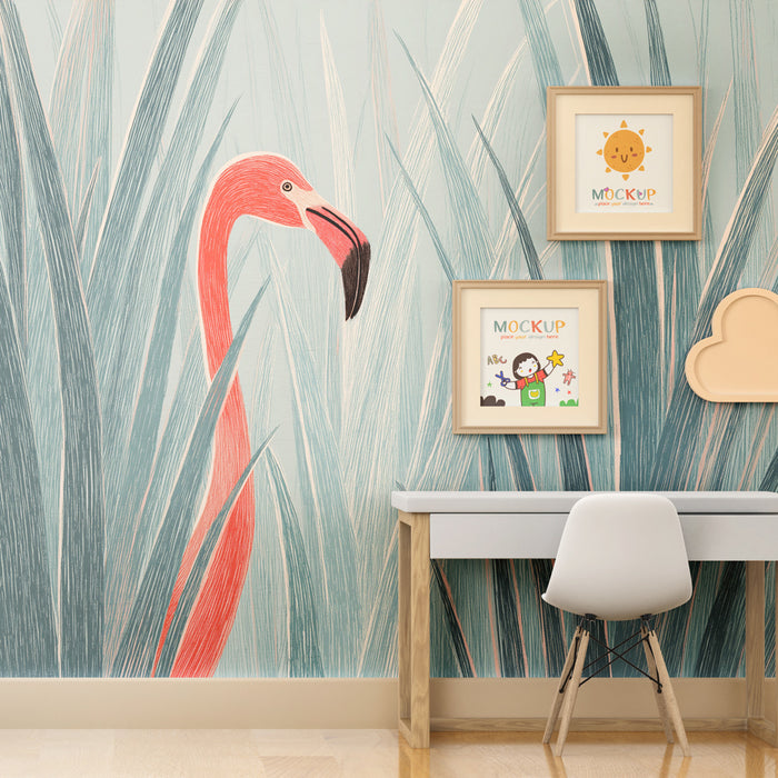 Papel de parede criança | Flamingo no meio das ervas