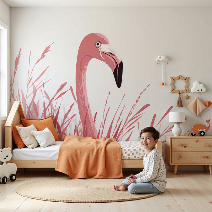 Papier peint chambre enfant | Flamant rose dans les herbes douces