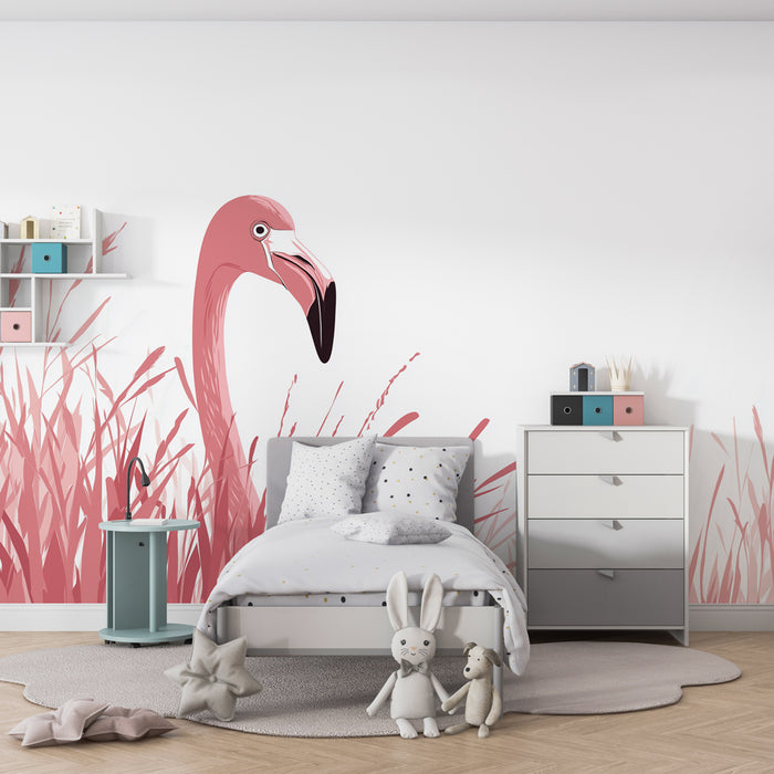 Papier peint chambre enfant | Flamant rose dans les herbes douces