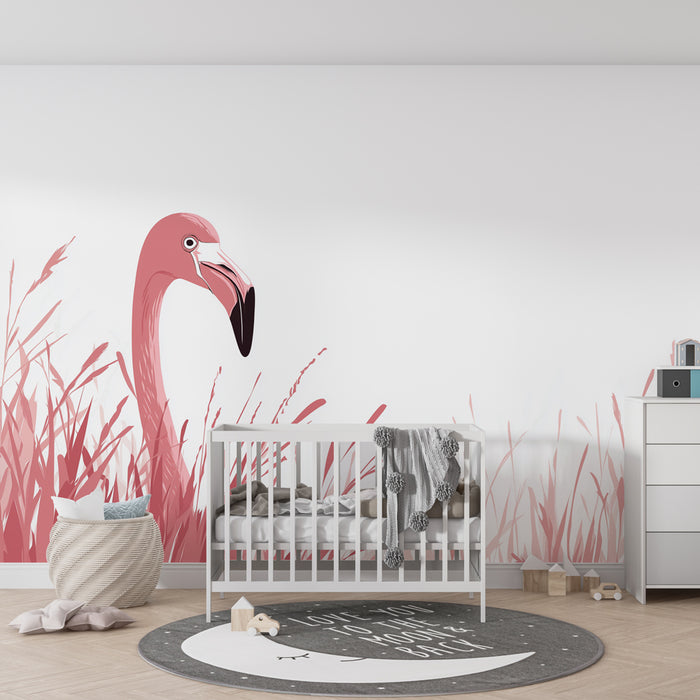 Papier peint chambre enfant | Flamant rose dans les herbes douces