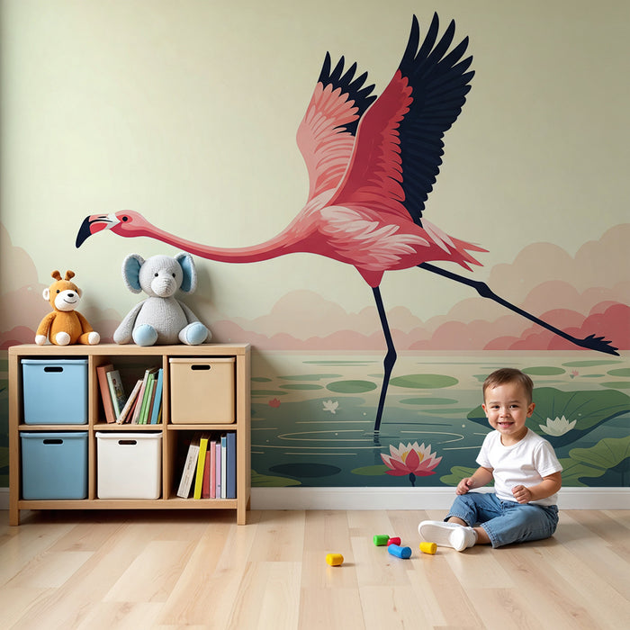 Kids' room wallpaper | Flamingo in a water lily pond