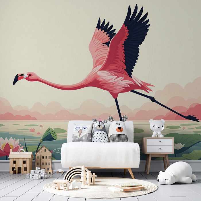 Kids' room wallpaper | Flamingo in a water lily pond