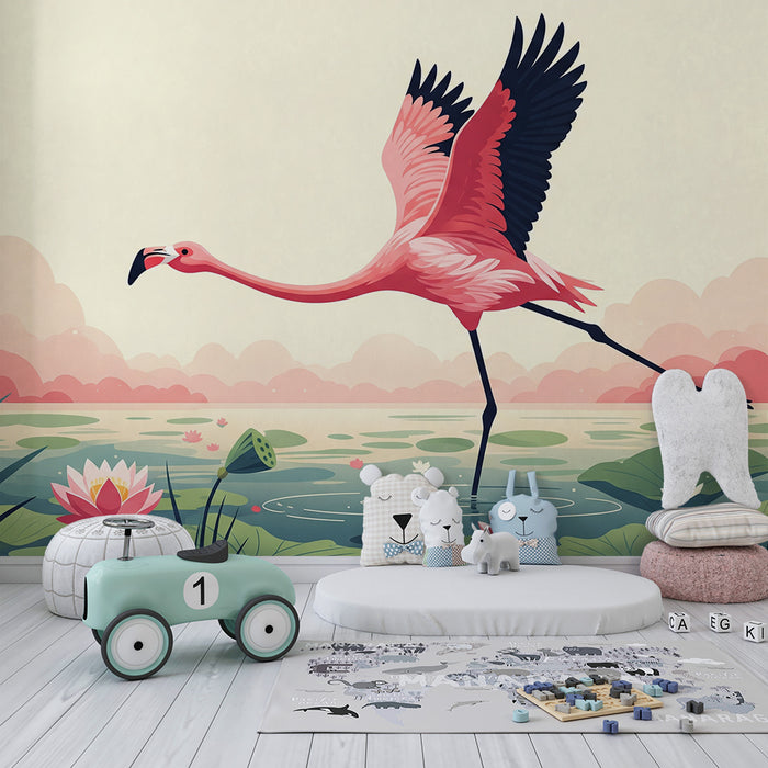 Kids' room wallpaper | Flamingo in a water lily pond