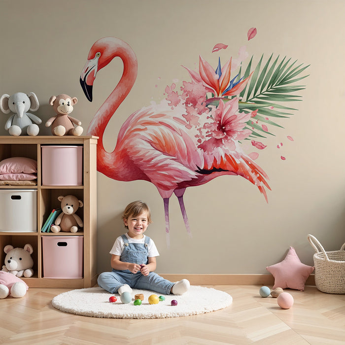 Papier peint chambre enfant | Flamant rose élégant avec fleurs tropicales