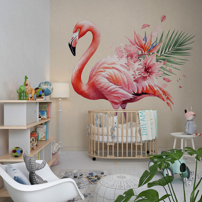 Papier peint chambre enfant | Flamant rose élégant avec fleurs tropicales