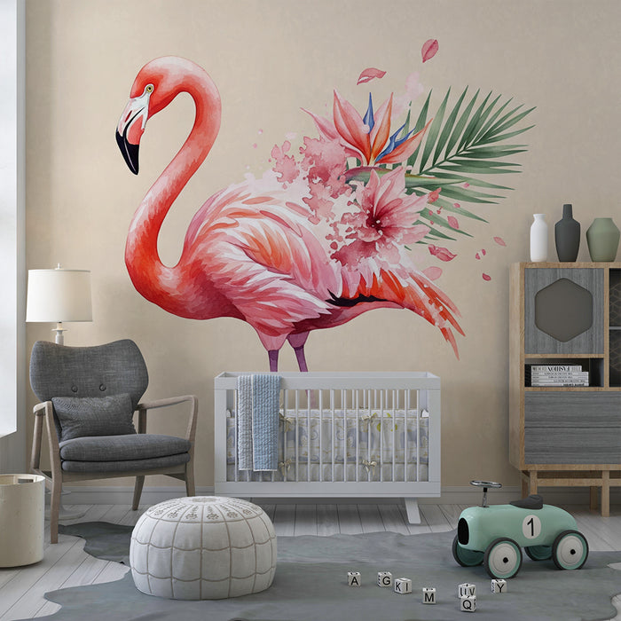 Papier peint chambre enfant | Flamant rose élégant avec fleurs tropicales