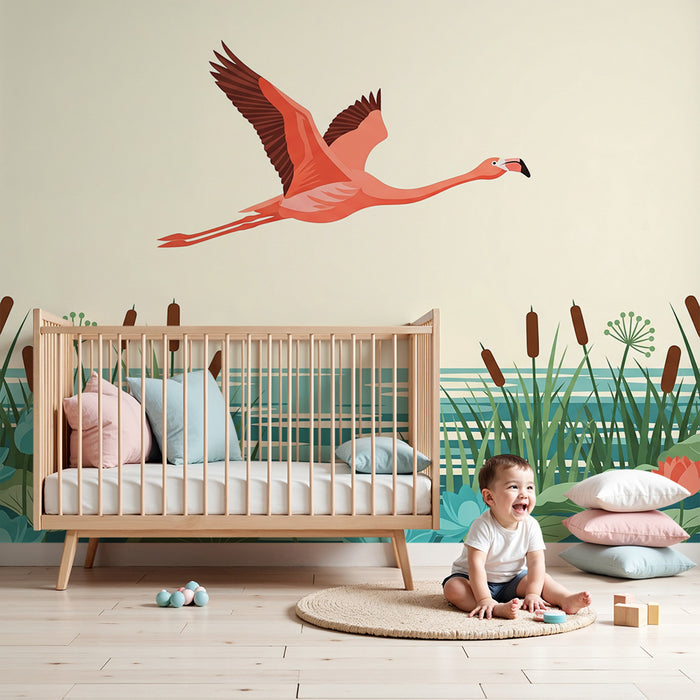 Kids' Room Wallpaper | Flamingo in Flight Over a Flowering Pond