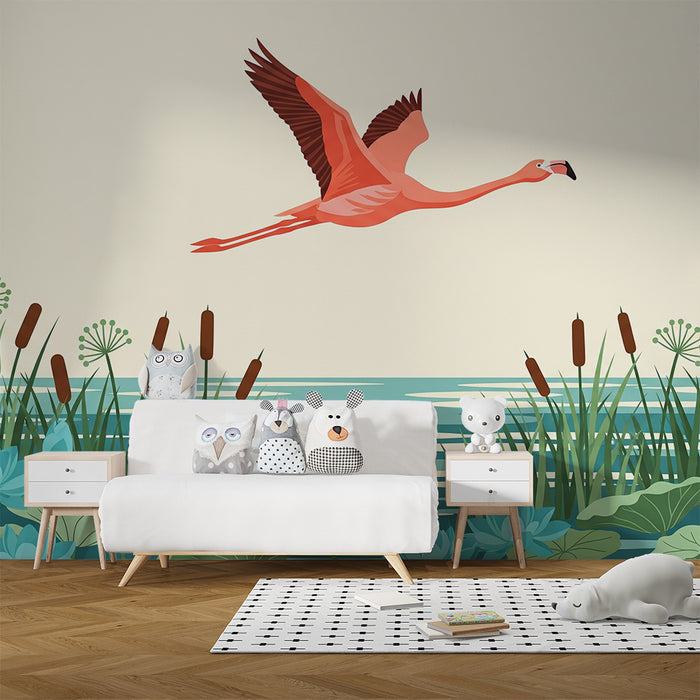 Kids' Room Wallpaper | Flamingo in Flight Over a Flowering Pond