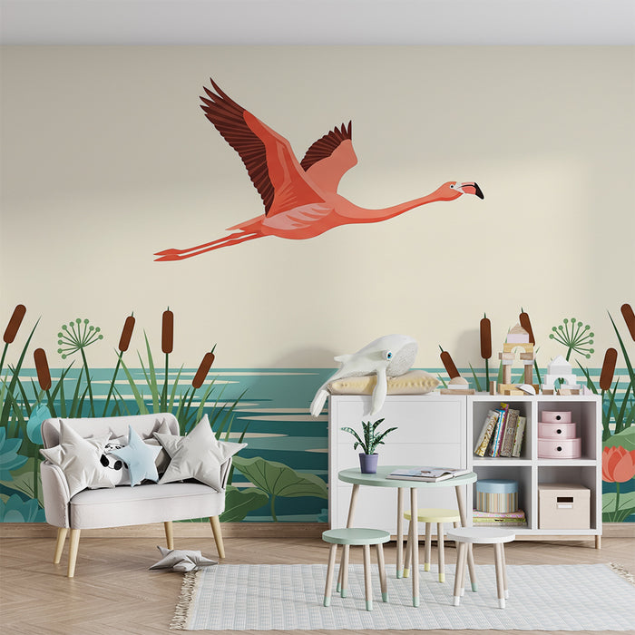 Kids' Room Wallpaper | Flamingo in Flight Over a Flowering Pond