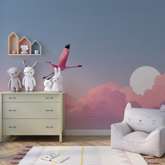 Kinderkamer behang | Roze flamingo en pastelblauwe lucht