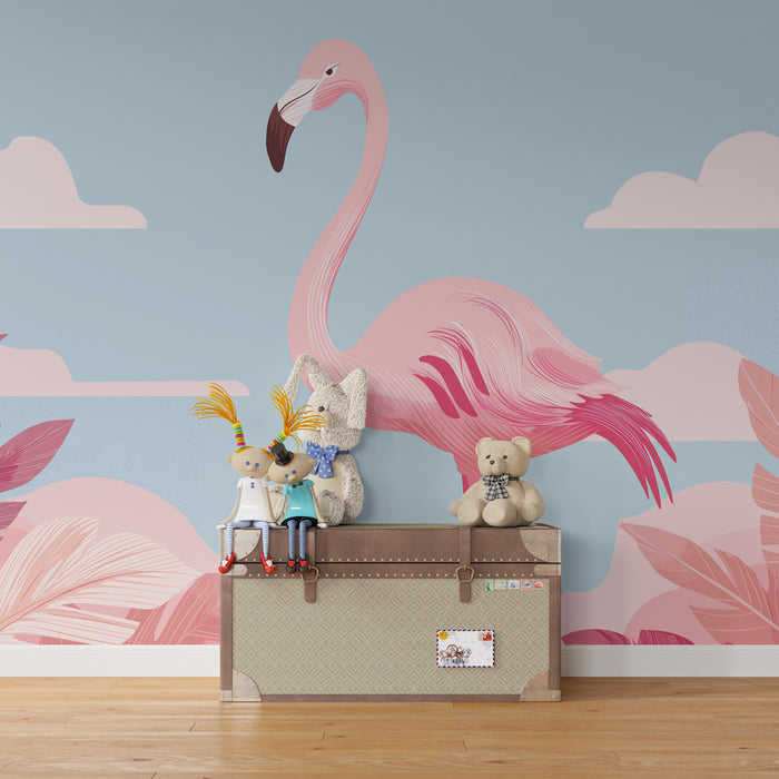 Lastenhuoneen tapetti | Flamingo ja trooppinen lehtikuvio