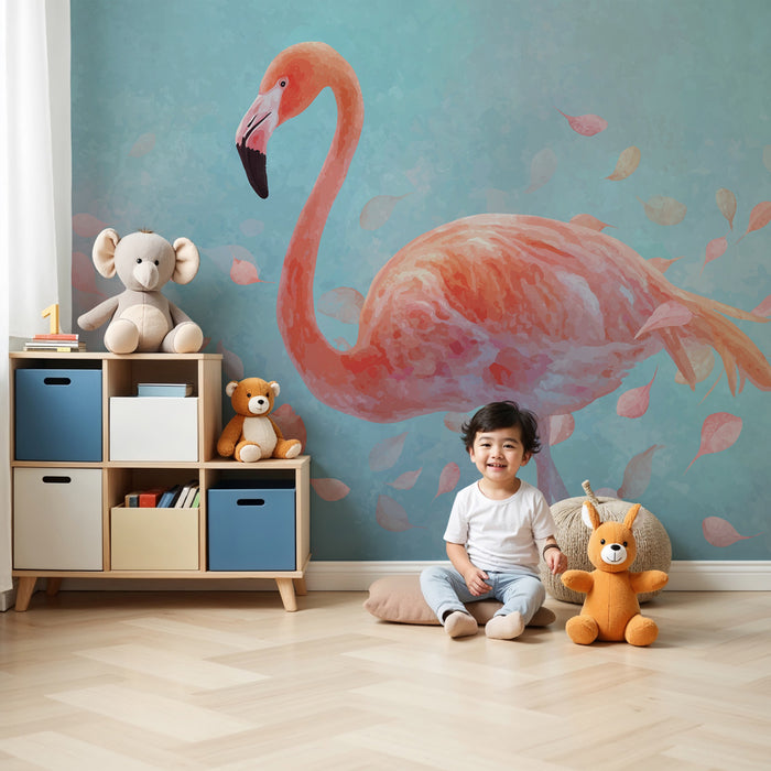 Kids room wallpaper | Pink flamingo and delicate leaves