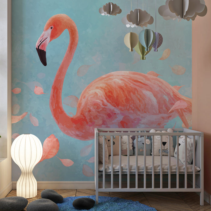 Kids room wallpaper | Pink flamingo and delicate leaves