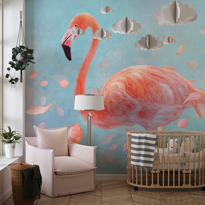 Kids room wallpaper | Pink flamingo and delicate leaves