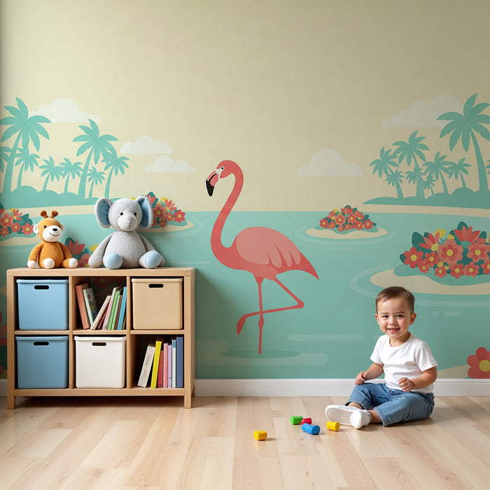 **Tapete Kinderzimmer | Flamingo und Blumeninseln in tropischer Dekoration**