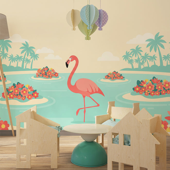 **Tapete Kinderzimmer | Flamingo und Blumeninseln in tropischer Dekoration**