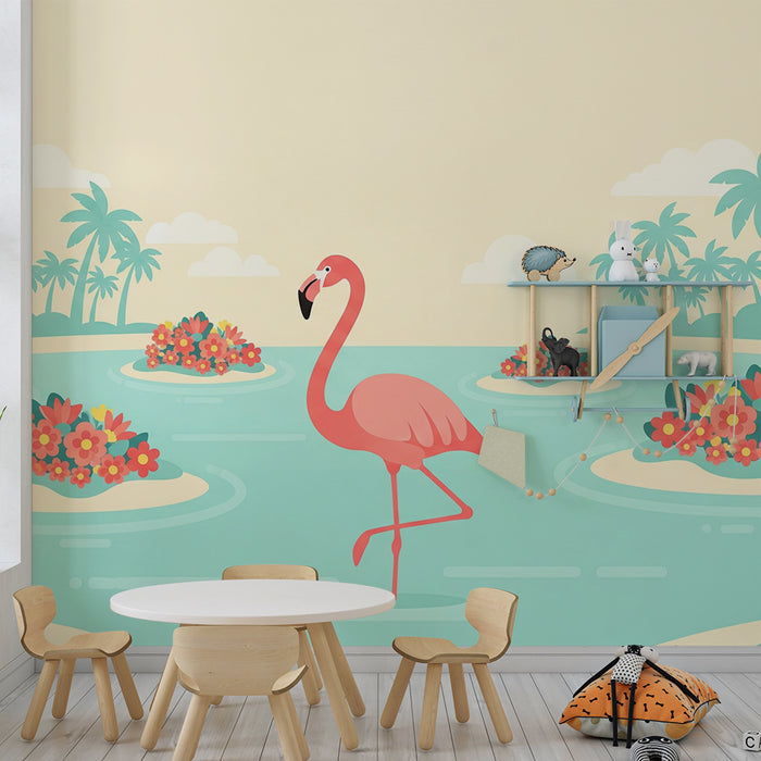 **Tapete Kinderzimmer | Flamingo und Blumeninseln in tropischer Dekoration**